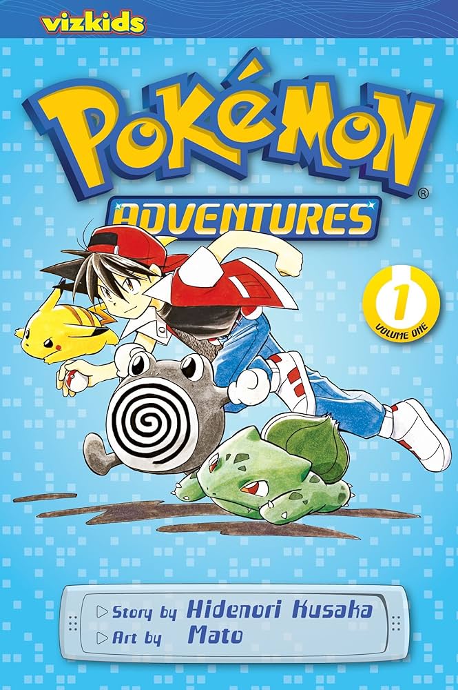 The cover is blue with Ash Ketchum running with three pokemon: Pikachu, Bulbasaur, and Poliwhirl