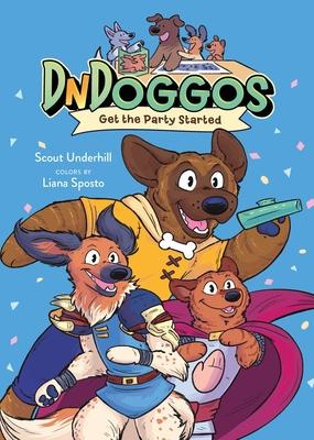 The book cover of DnDoggos: Get the Party Started by Scout. It show three dogs in medieval time clothing with a light blue background. 