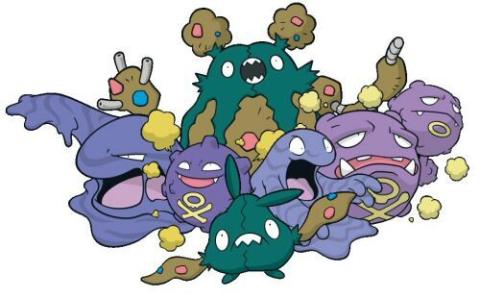 Several poison type Pokémon in a group photo, including Grimer, Muk, and Trubbish. 