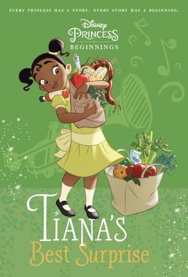 Book cover of Tiana's Best Surprise. The cover has a green background with Tiana wearing a litter green dress. She is holding one grocery bag while another is by her legs. Her hair is in pigtails.  