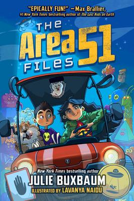 The book cover of The Area 51 Files. There are two characters driving a moving vehicle with multiple alien like figures behind them.