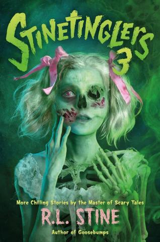 The cover of Stinetinglers 3. The cover is green with a girl touching her half decomposed body.