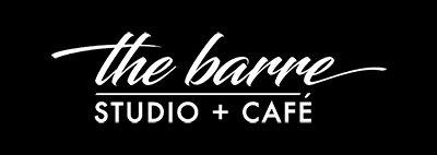 Black background and white lettering of The Barre Studio + Cafe