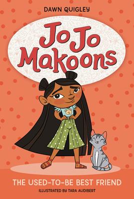 The book cover of Jo Jo Makoons. It is a salmon color cover with Jo Jo Makoons standing in the middle of the cover with a grey cat standing next to her.