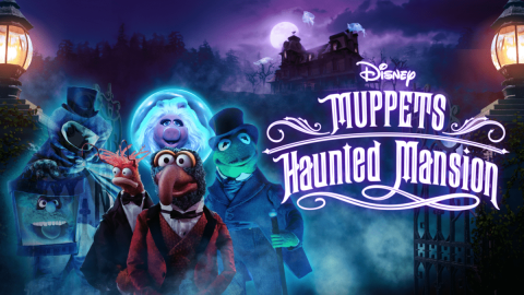 Several characters from the Muppet series dressed in various costumes with an ominous background in purple. On the same image is the title, "Disney Muppets Haunted Mansion".