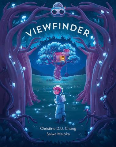 The cover of Viewfinder by Christine D.U. Chung showing a red hair character in an astronaut suit walking toward a tree house. 