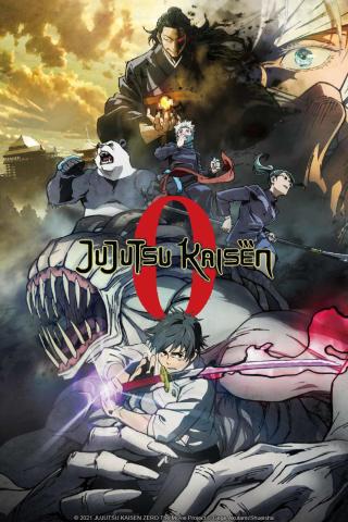 The movie poster of the movie Jujutsu Kaisen 0 featuring four characters with weapons and two monsters. 