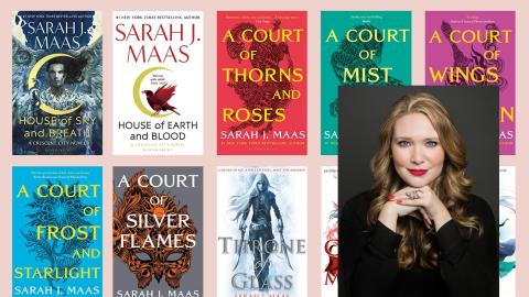 Several of Sarah J. Maas books on a pink background with the author herself featured on the bottom right corner. 