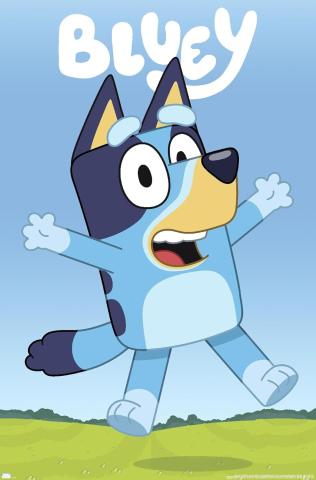 A show poster of the show Bluey. Bluey, the Australian Cattle Dog, is jumping in the air surround by a green field.