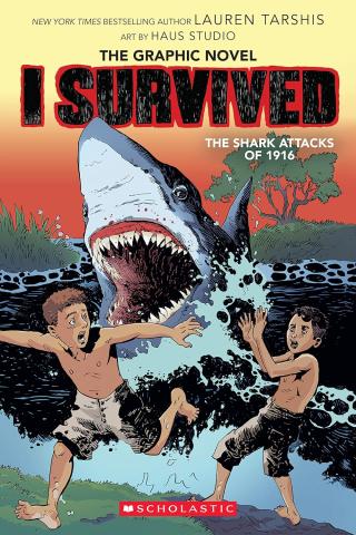 The cover of I Survived: The Shark Attacks of 1916 by Lauren Tarshis. It shows two boys running from a shark with its head out of the water. 