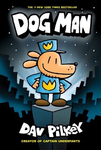 The book cover of Dog Man by Dav Pilkey. It is Dog Man standing on top of a building in their uniform.