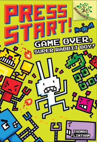 The cover of Game Over, Super Rabbit Boy! by Thomas Flintham. Mostly lime green cover with a white rabbit in the middle looking frightened with other angry characters surrounding the white rabbit. 