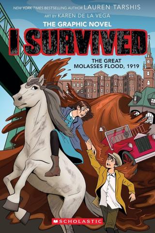 The cover of I Survived: The Great Molasses Flood, 1919 by Lauren Tarshis. A girl is riding a horse with outstretched hand for a boy trying to outrun the molasses.