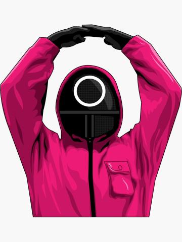 Squid Games' guard in pink with an arm pass signal. 