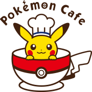 The logo for Pokémon Cafe with Pikachu peaking out from a poke ball mug. 