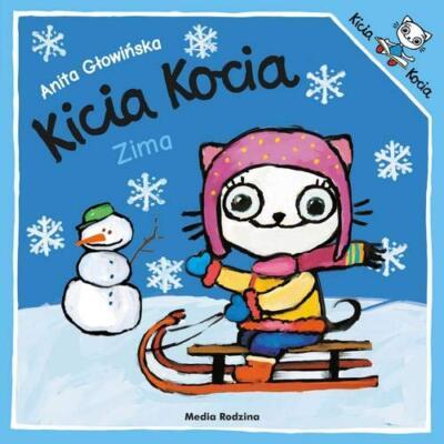 The cover of Kicia Kocia. Zima. Kicia Kocia is on a sled with a snowman in the background.