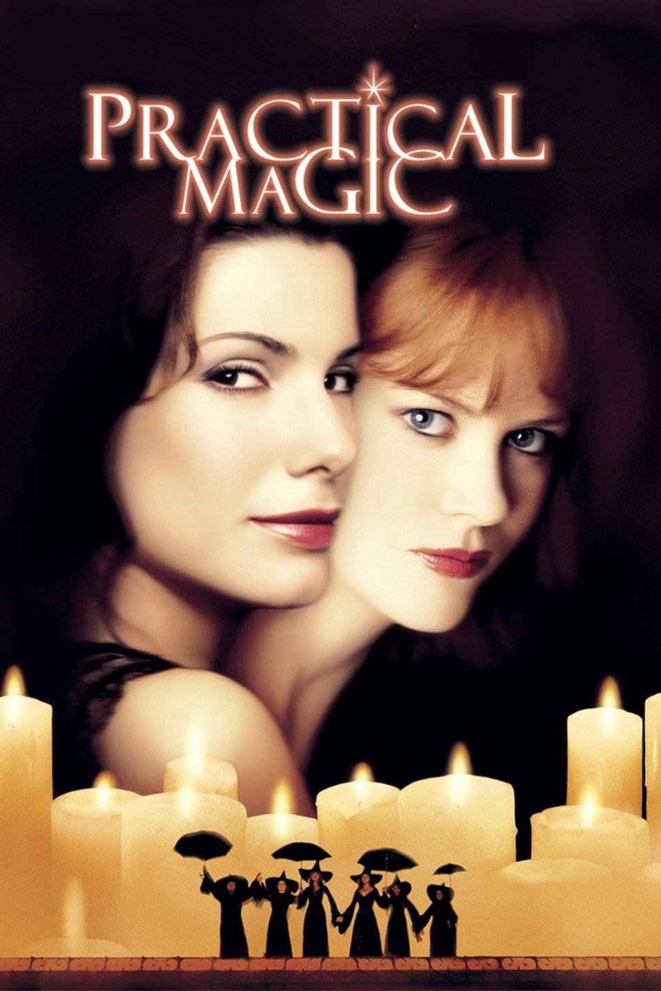 Black background with actress Sandra Bullock and Nicole Kidman looking at the you with candles light at the bottom of the image.