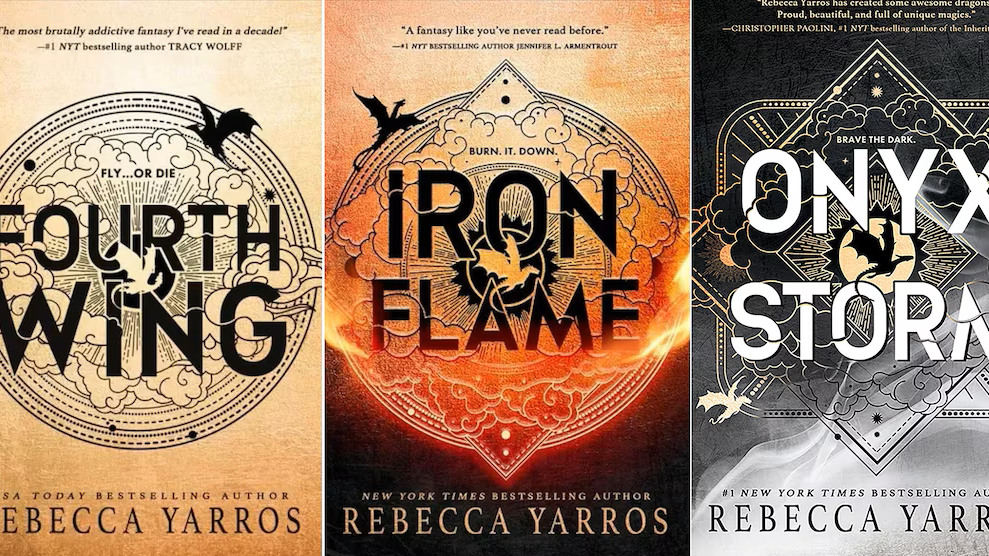 The three covers from the Fourth Wing series featuring Fourth Wing, Iron Flame, and recently released Onyx Storm