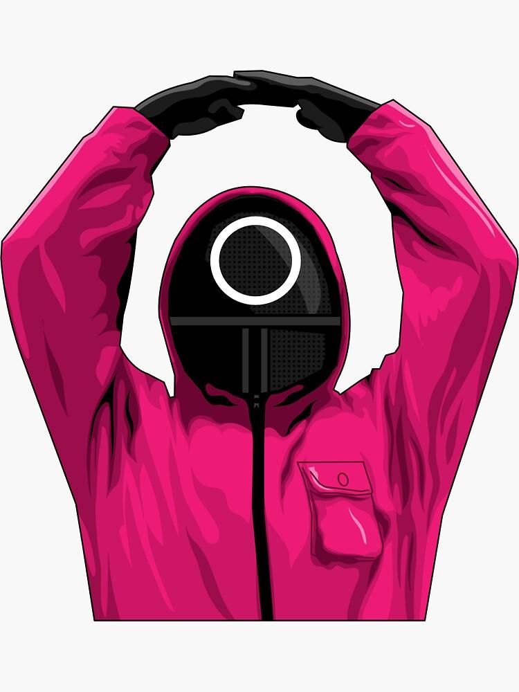 Squid Games' guard in pink with an arm pass signal. 